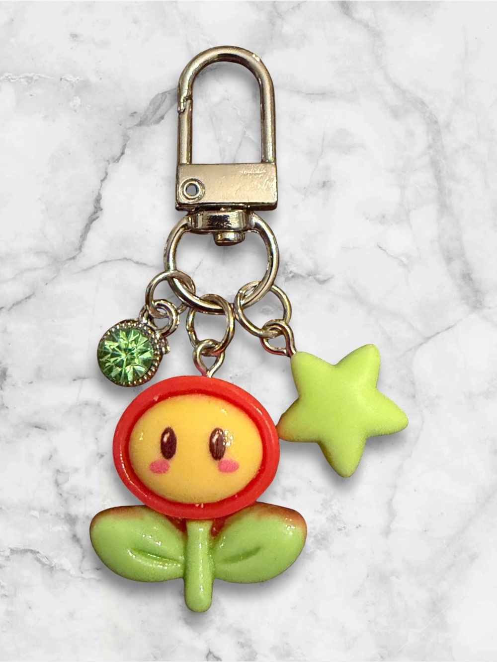 Cute Green & Red Flower Keychain Charm with Star Accent